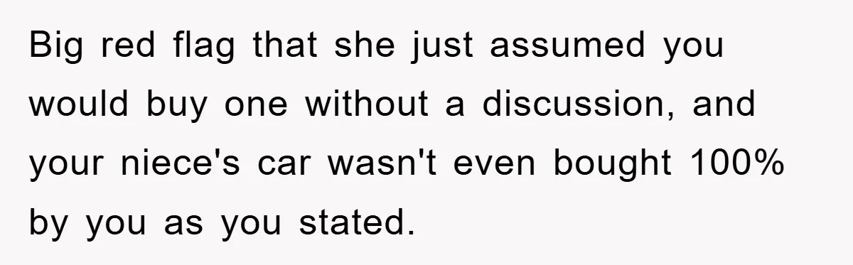 Big red flag that she just assumed you would buy one without a discussion, and your niece's car wasn't even bought 100% by you as you stated.
