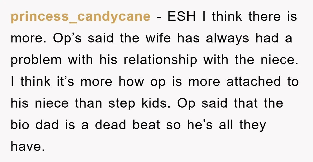 princess_candycane − ESH I think there is more. Op’s said the wife has always had a problem with his relationship with the niece. I think it’s more how op is...
