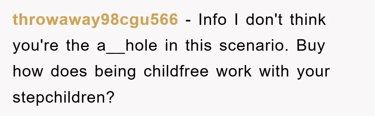 throwaway98cgu566 − Info I don't think you're the a__hole in this scenario. Buy how does being childfree work with your stepchildren?