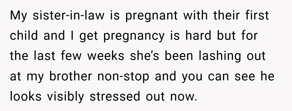 My sister-in-law is pregnant with their first child and I get pregnancy is hard but for the last few weeks she’s been lashing out at my brother non-stop and you...