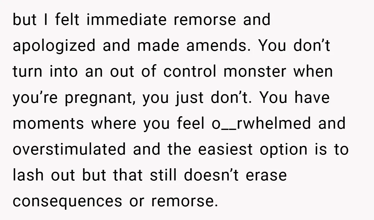 but I felt immediate remorse and apologized and made amends. You don’t turn into an out of control monster when you’re pregnant, you just don’t. You have moments where you...