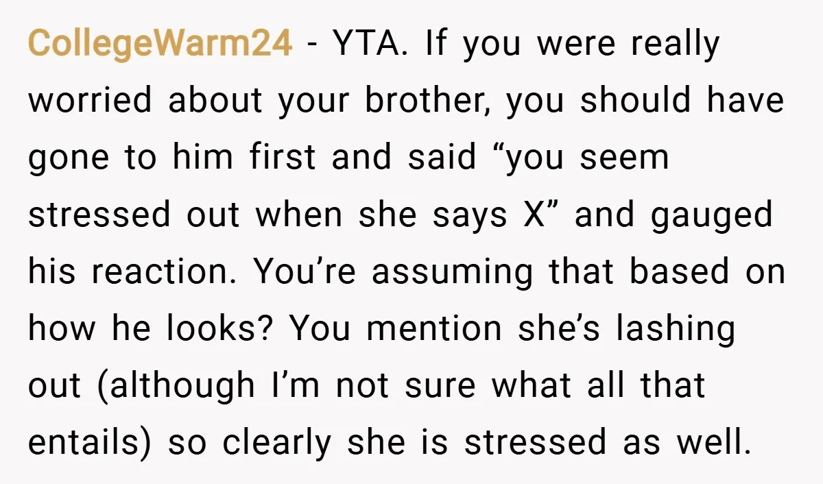 CollegeWarm24 − YTA. If you were really worried about your brother, you should have gone to him first and said “you seem stressed out when she says X” and gauged...