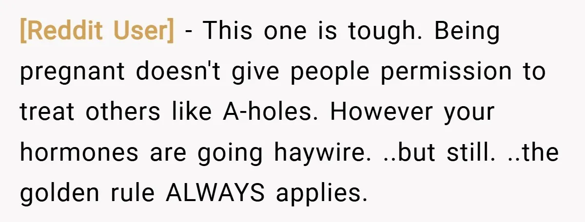 [Reddit User] − This one is tough. Being pregnant doesn't give people permission to treat others like A-holes. However your hormones are going haywire. ..but still. ..the golden rule ALWAYS...