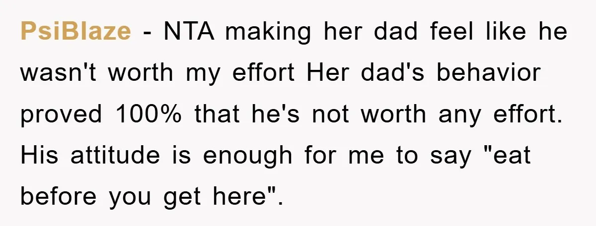 PsiBlaze − NTA making her dad feel like he wasn't worth my effort Her dad's behavior proved 100% that he's not worth any effort. His attitude is enough for me...