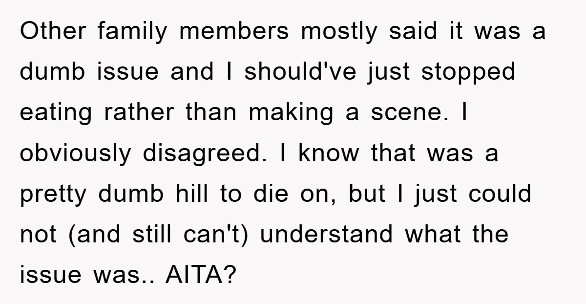 Other family members mostly said it was a dumb issue and I should've just stopped eating rather than making a scene. I obviously disagreed. I know that was a pretty...