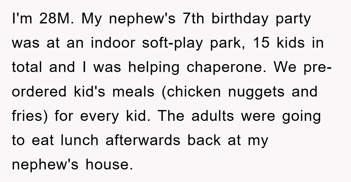 I'm 28M. My nephew's 7th birthday party was at an indoor soft-play park, 15 kids in total and I was helping chaperone. We pre-ordered kid's meals (chicken nuggets and fries)...