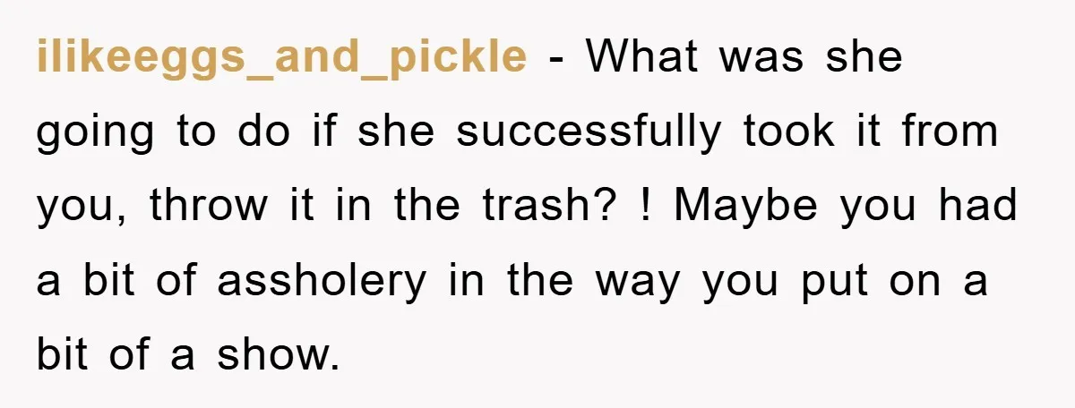 ilikeeggs_and_pickle − What was she going to do if she successfully took it from you, throw it in the trash? ! Maybe you had a bit of assholery in the...