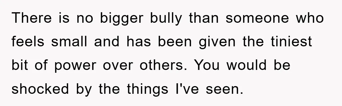 There is no bigger bully than someone who feels small and has been given the tiniest bit of power over others. You would be shocked by the things I've seen.