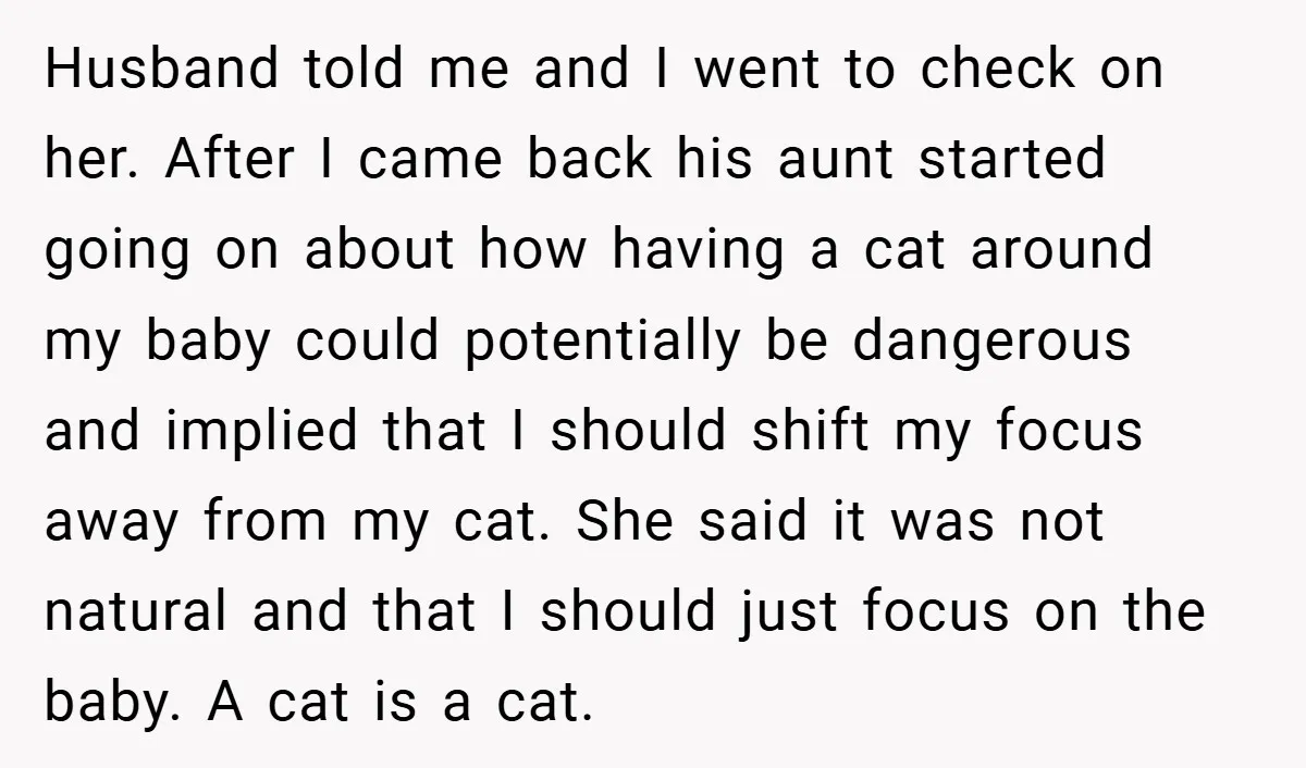 Husband told me and I went to check on her. After I came back his aunt started going on about how having a cat around my baby could potentially be...