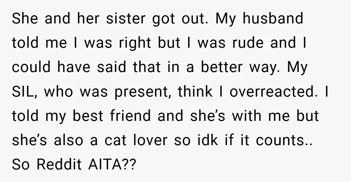 She and her sister got out. My husband told me I was right but I was rude and I could have said that in a better way. My SIL, who...