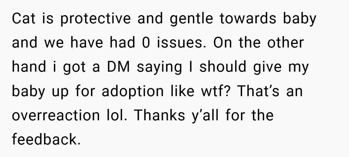 Cat is protective and gentle towards baby and we have had 0 issues. On the other hand i got a DM saying I should give my baby up for adoption...