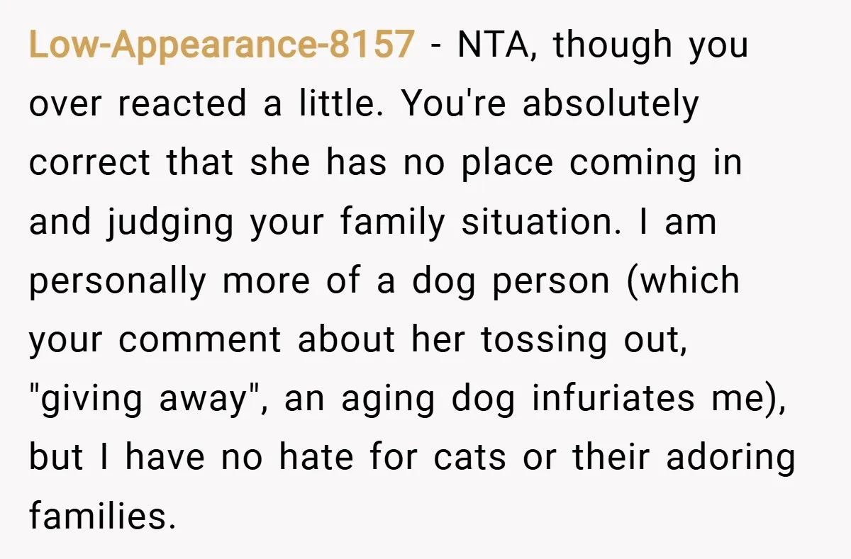 Low-Appearance-8157 − NTA, though you over reacted a little. You're absolutely correct that she has no place coming in and judging your family situation. I am personally more of a...