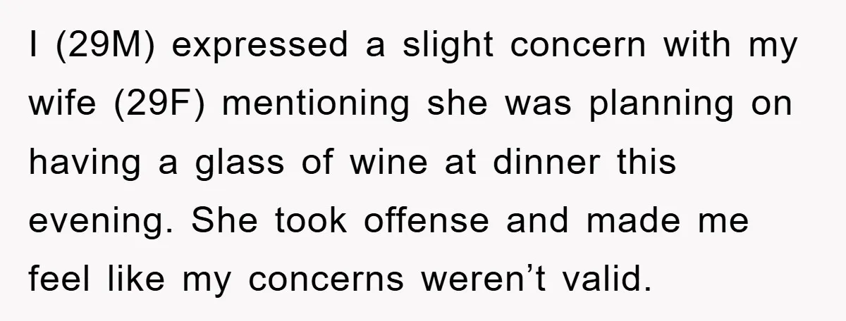 I (29M) expressed a slight concern with my wife (29F) mentioning she was planning on having a glass of wine at dinner this evening. She took offense and made me...