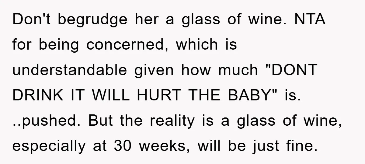 Don't begrudge her a glass of wine. NTA for being concerned, which is understandable given how much "DONT DRINK IT WILL HURT THE BABY" is. ..pushed. But the reality is...