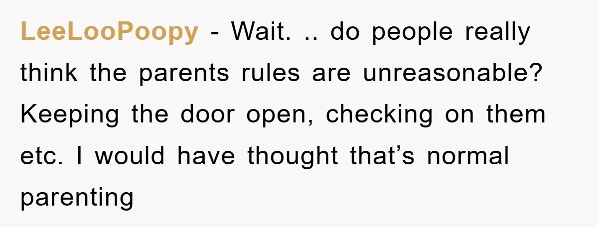 LeeLooPoopy − Wait. .. do people really think the parents rules are unreasonable? Keeping the door open, checking on them etc. I would have thought that’s normal parenting