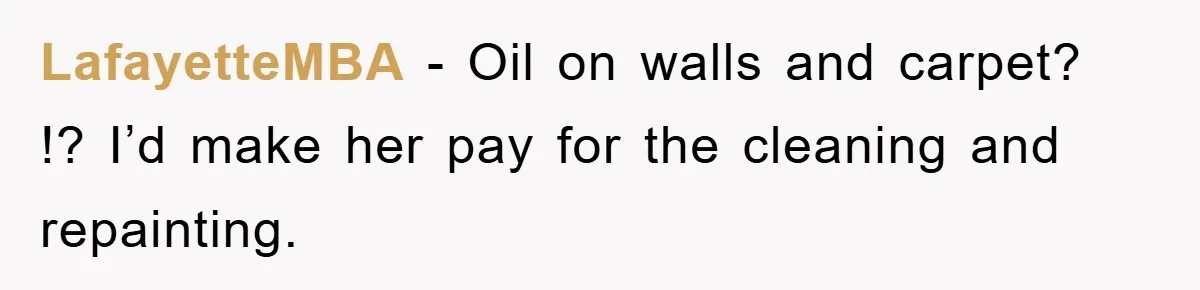 LafayetteMBA − Oil on walls and carpet? !? I’d make her pay for the cleaning and repainting.