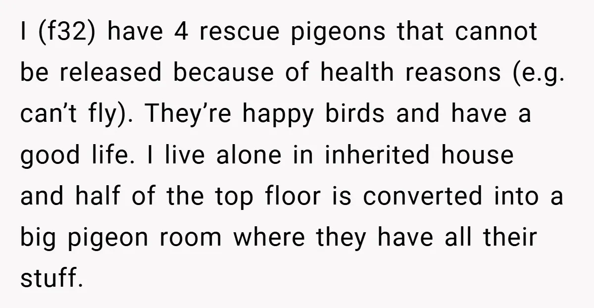 I (f32) have 4 rescue pigeons that cannot be released because of health reasons (e.g. can’t fly). They’re happy birds and have a good life. I live alone in inherited...
