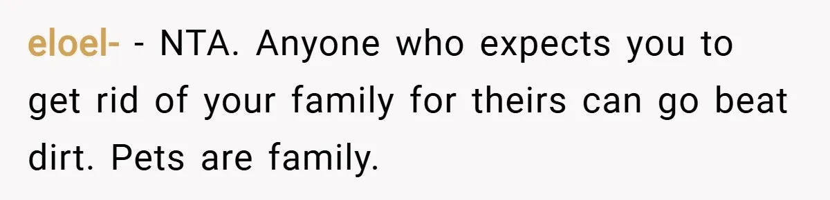 eloel- − NTA. Anyone who expects you to get rid of your family for theirs can go beat dirt. Pets are family.