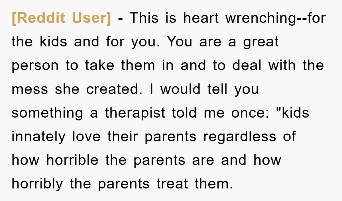 [Reddit User] − This is heart wrenching--for the kids and for you. You are a great person to take them in and to deal with the mess she created. I...