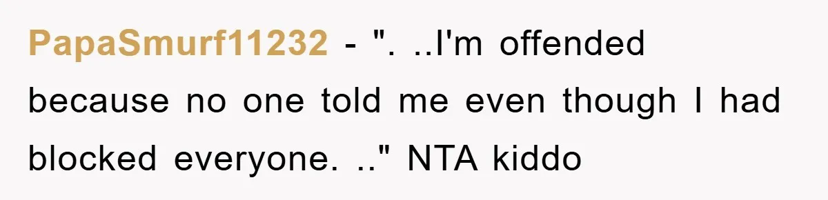 PapaSmurf11232 − ". ..I'm offended because no one told me even though I had blocked everyone. .." NTA kiddo