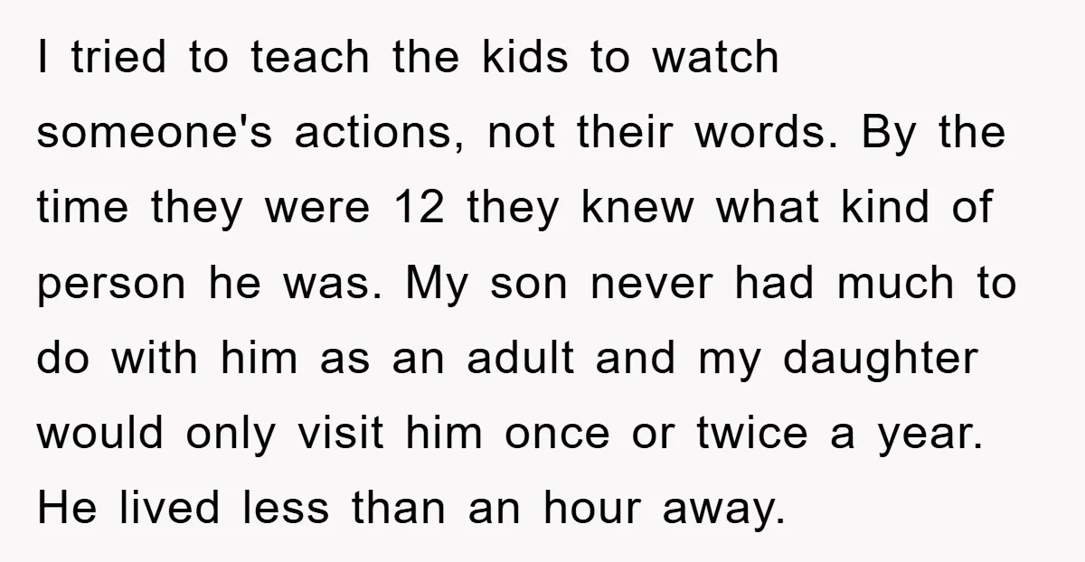 I tried to teach the kids to watch someone's actions, not their words. By the time they were 12 they knew what kind of person he was. My son never...