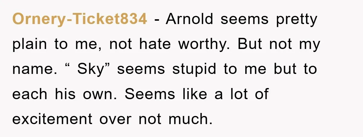 Ornery-Ticket834 − Arnold seems pretty plain to me, not hate worthy. But not my name. “ Sky” seems stupid to me but to each his own. Seems like a lot...