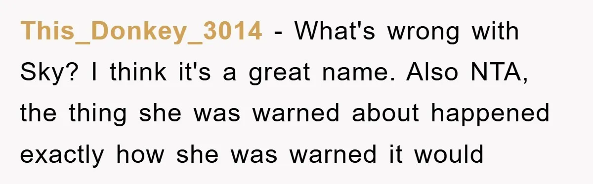 This_Donkey_3014 − What's wrong with Sky? I think it's a great name. Also NTA, the thing she was warned about happened exactly how she was warned it would