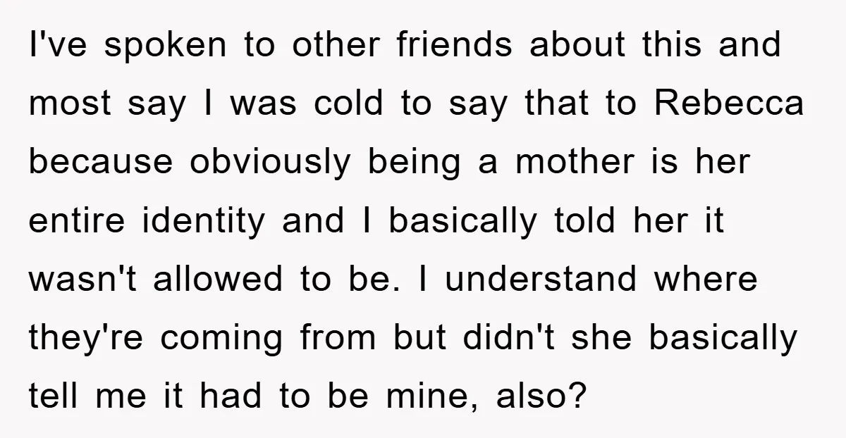 I've spoken to other friends about this and most say I was cold to say that to Rebecca because obviously being a mother is her entire identity and I basically...