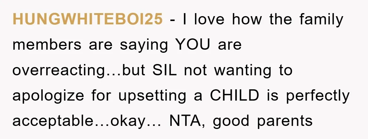 HUNGWHITEBOI25 − I love how the family members are saying YOU are overreacting…but SIL not wanting to apologize for upsetting a CHILD is perfectly acceptable…okay… NTA, good parents
