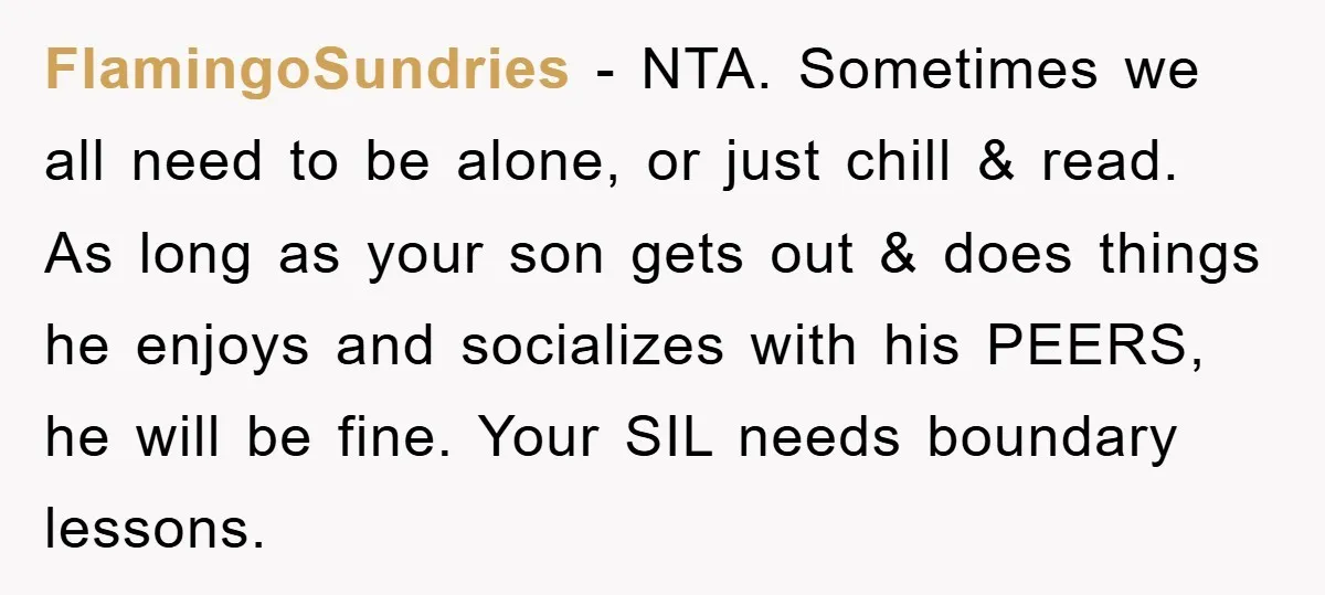 FlamingoSundries − NTA. Sometimes we all need to be alone, or just chill & read. As long as your son gets out & does things he enjoys and socializes with...