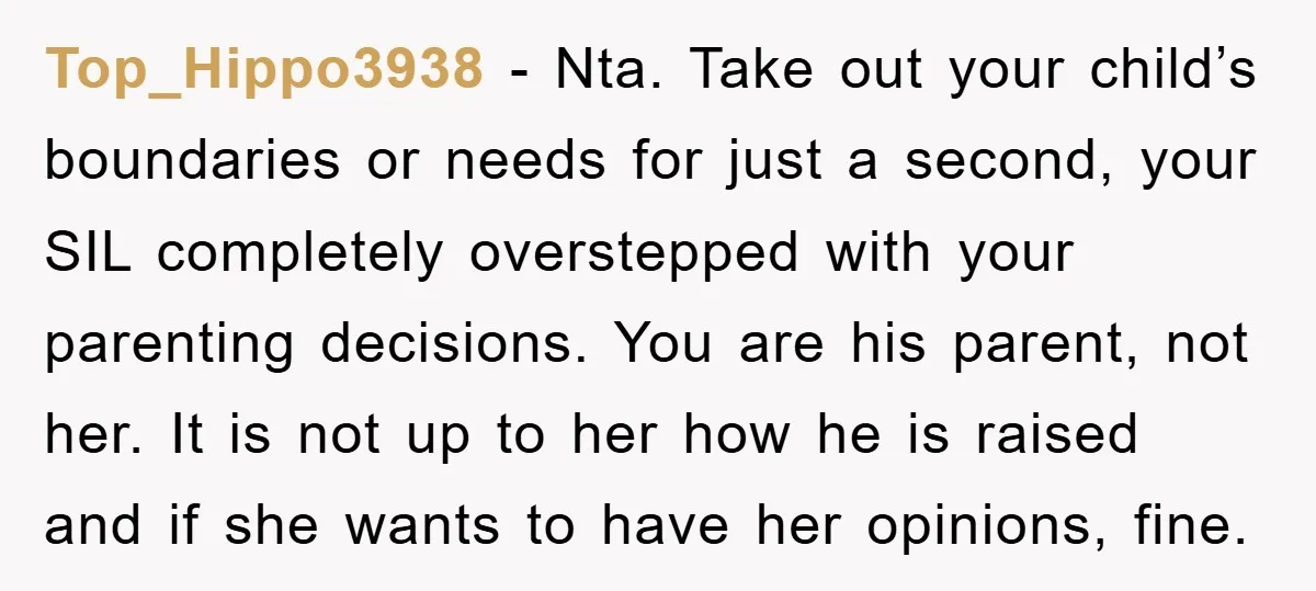 Top_Hippo3938 − Nta. Take out your child’s boundaries or needs for just a second, your SIL completely overstepped with your parenting decisions. You are his parent, not her. It is...