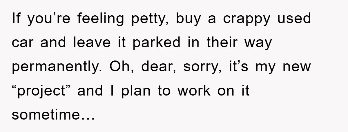 If you’re feeling petty, buy a crappy used car and leave it parked in their way permanently. Oh, dear, sorry, it’s my new “project” and I plan to work on...