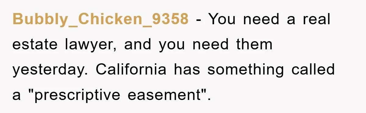 Bubbly_Chicken_9358 − You need a real estate lawyer, and you need them yesterday. California has something called a "prescriptive easement".