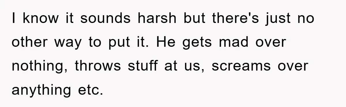 I know it sounds harsh but there's just no other way to put it. He gets mad over nothing, throws stuff at us, screams over anything etc.