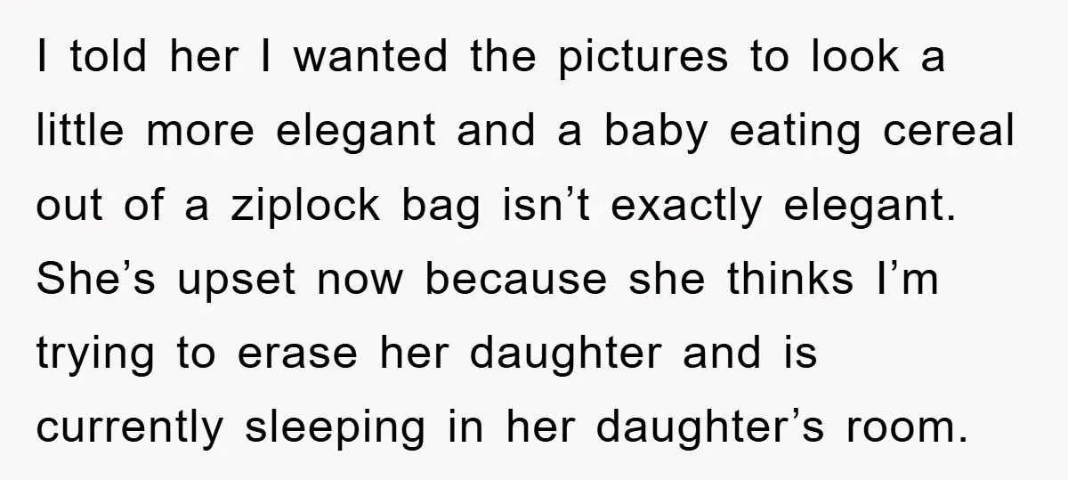 I told her I wanted the pictures to look a little more elegant and a baby eating cereal out of a ziplock bag isn’t exactly elegant. She’s upset now because...