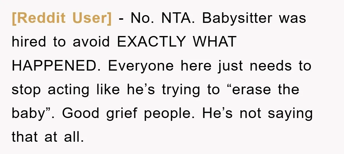 [Reddit User] − No. NTA. Babysitter was hired to avoid EXACTLY WHAT HAPPENED. Everyone here just needs to stop acting like he’s trying to “erase the baby”. Good grief people....