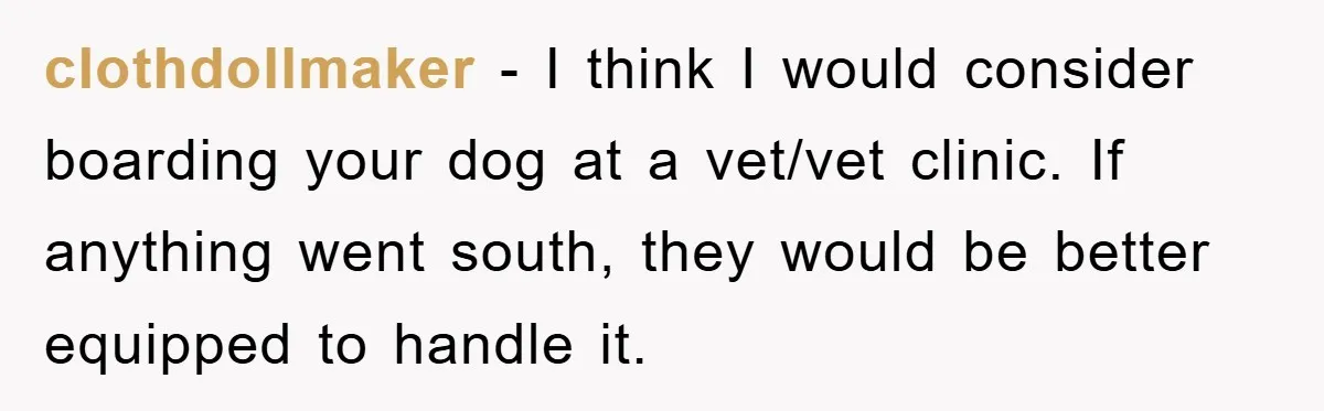 clothdollmaker − I think I would consider boarding your dog at a vet/vet clinic. If anything went south, they would be better equipped to handle it.