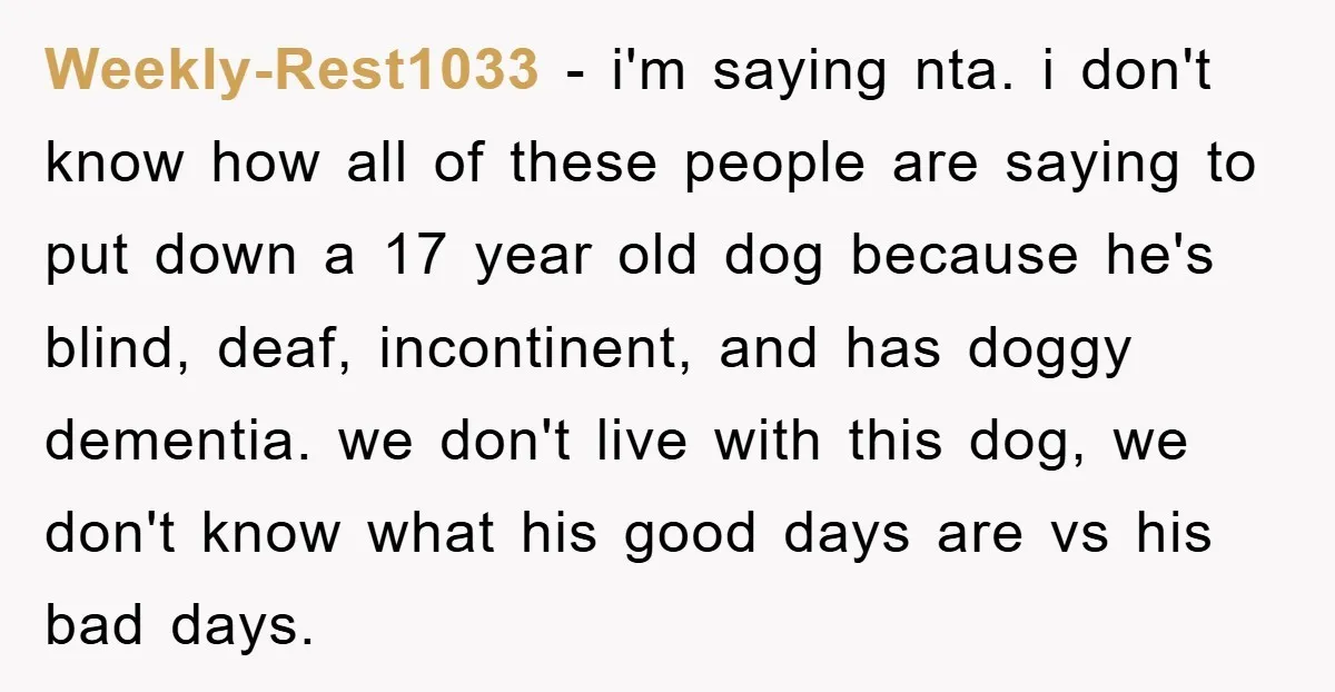 Weekly-Rest1033 − i'm saying nta. i don't know how all of these people are saying to put down a 17 year old dog because he's blind, deaf, incontinent, and has...