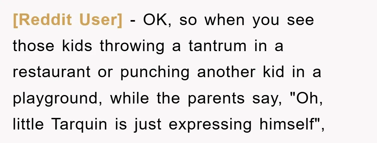 [Reddit User] − OK, so when you see those kids throwing a tantrum in a restaurant or punching another kid in a playground, while the parents say, "Oh, little Tarquin...