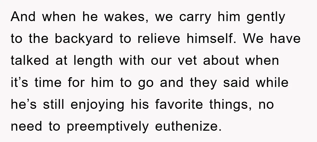 And when he wakes, we carry him gently to the backyard to relieve himself. We have talked at length with our vet about when it’s time for him to go...
