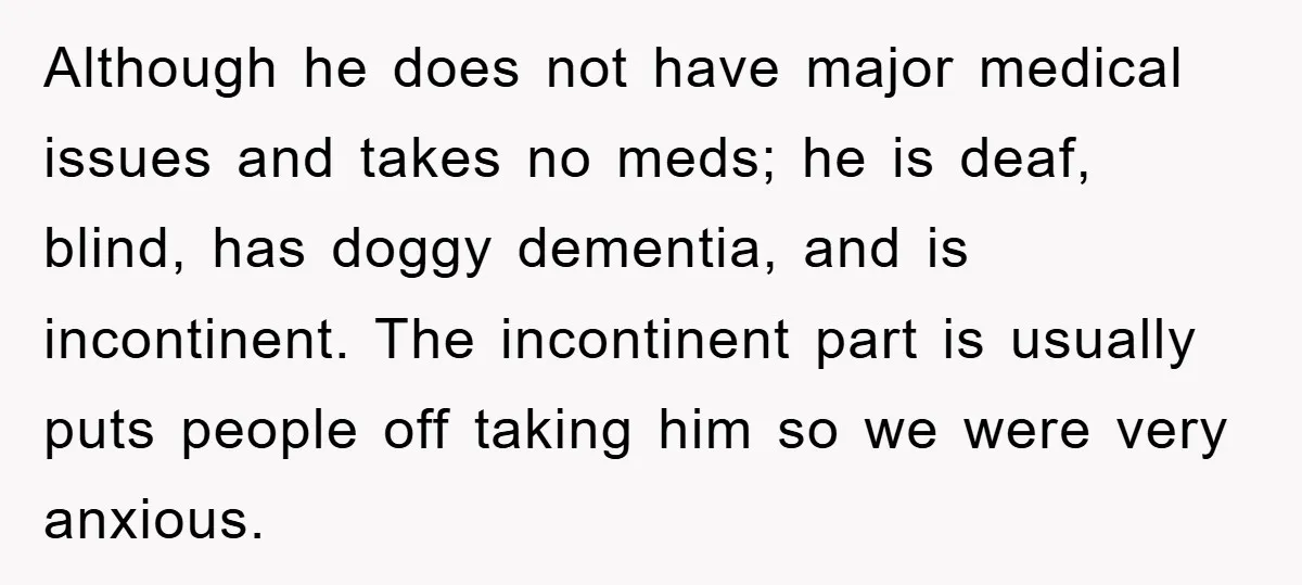 Although he does not have major medical issues and takes no meds; he is deaf, blind, has doggy dementia, and is incontinent. The incontinent part is usually puts people off...