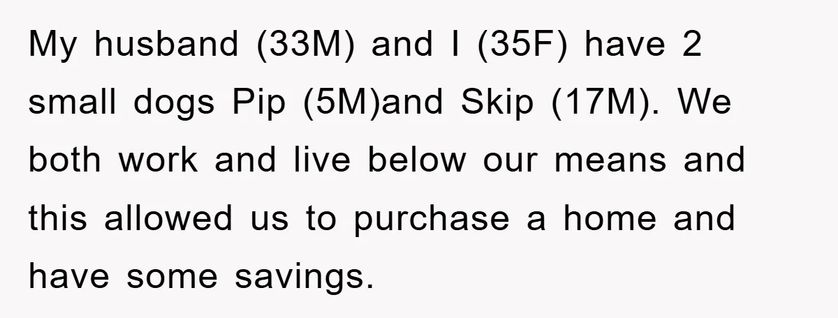 My husband (33M) and I (35F) have 2 small dogs Pip (5M)and Skip (17M). We both work and live below our means and this allowed us to purchase a home...