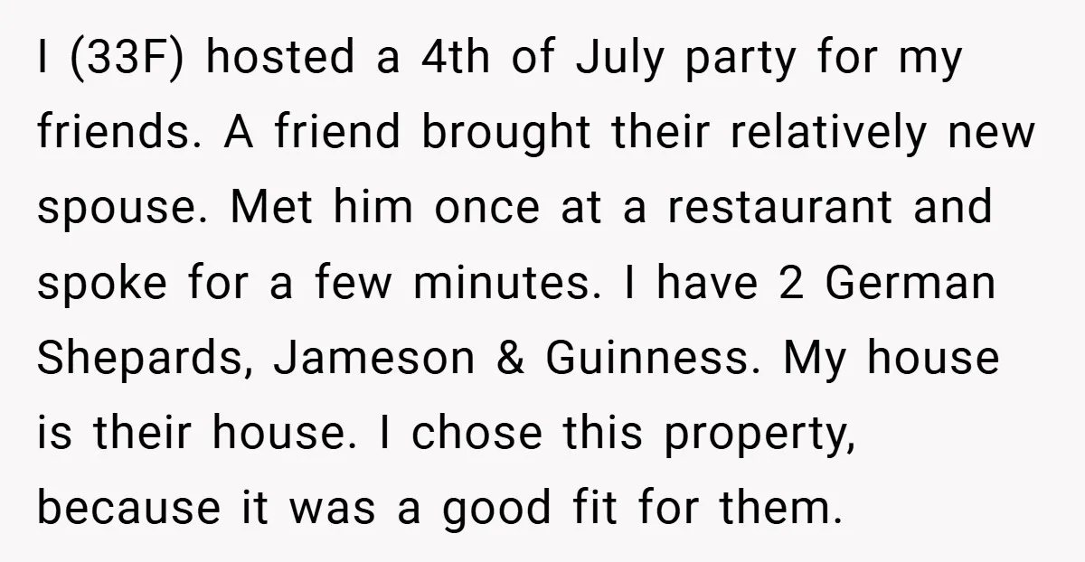 I (33F) hosted a 4th of July party for my friends. A friend brought their relatively new spouse. Met him once at a restaurant and spoke for a few minutes....
