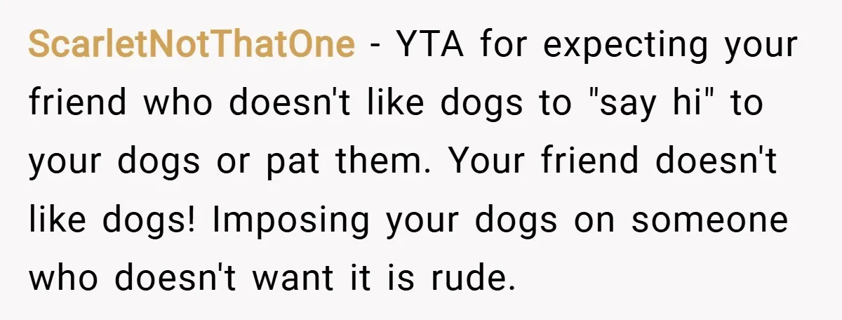 ScarletNotThatOne − YTA for expecting your friend who doesn't like dogs to "say hi" to your dogs or pat them. Your friend doesn't like dogs! Imposing your dogs on someone...