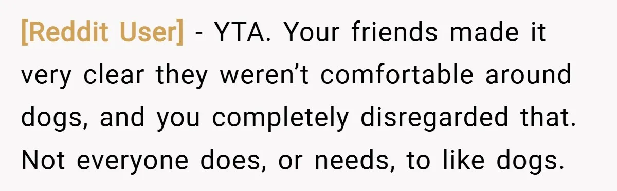 [Reddit User] − YTA. Your friends made it very clear they weren’t comfortable around dogs, and you completely disregarded that. Not everyone does, or needs, to like dogs.