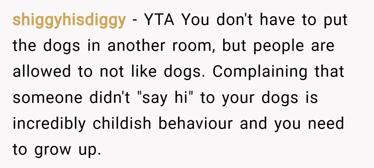 shiggyhisdiggy − YTA You don't have to put the dogs in another room, but people are allowed to not like dogs. Complaining that someone didn't "say hi" to your dogs...