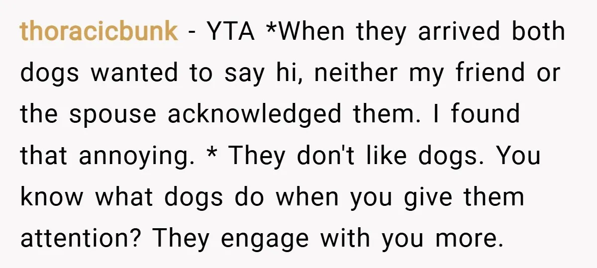 thoracicbunk − YTA *When they arrived both dogs wanted to say hi, neither my friend or the spouse acknowledged them. I found that annoying. * They don't like dogs. You...