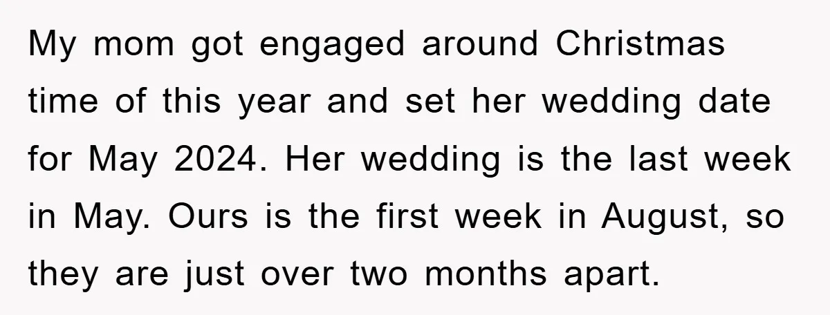 My mom got engaged around Christmas time of this year and set her wedding date for May 2024. Her wedding is the last week in May. Ours is the first...