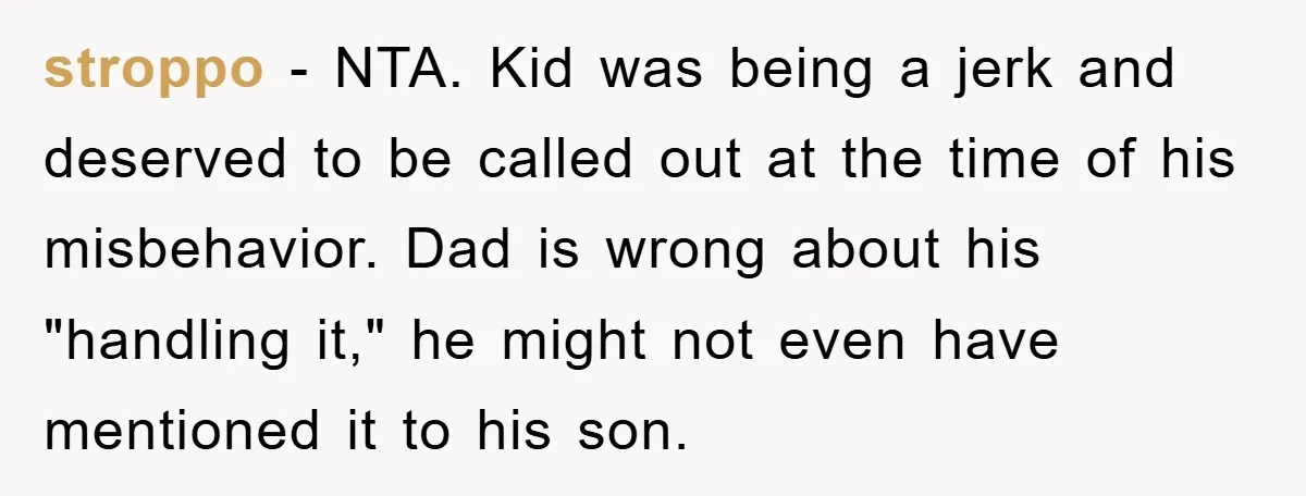 stroppo − NTA. Kid was being a jerk and deserved to be called out at the time of his misbehavior. Dad is wrong about his "handling it," he might not...