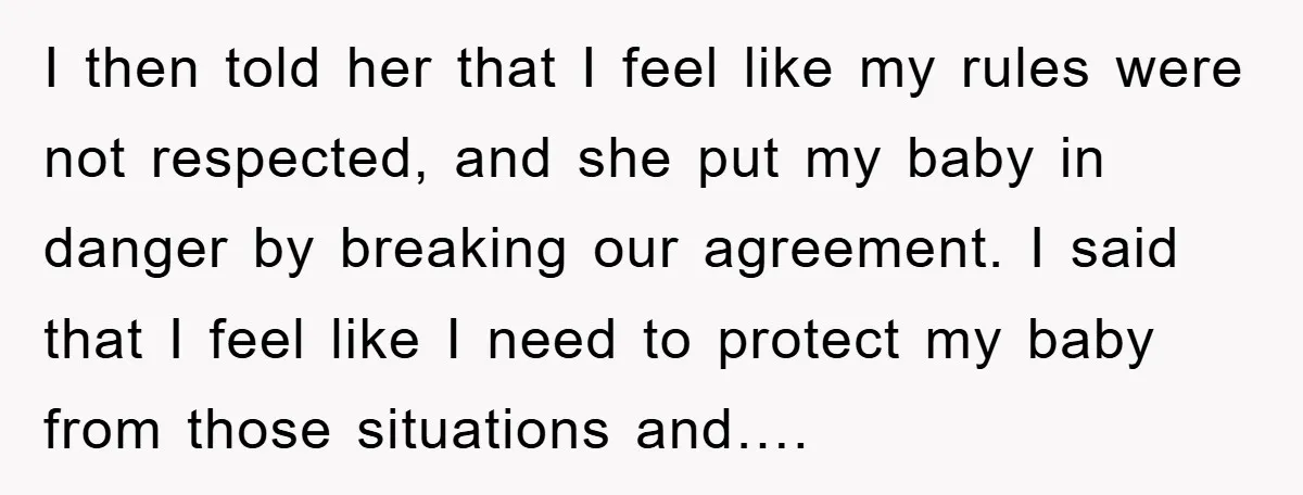 I then told her that I feel like my rules were not respected, and she put my baby in danger by breaking our agreement. I said that I feel like...